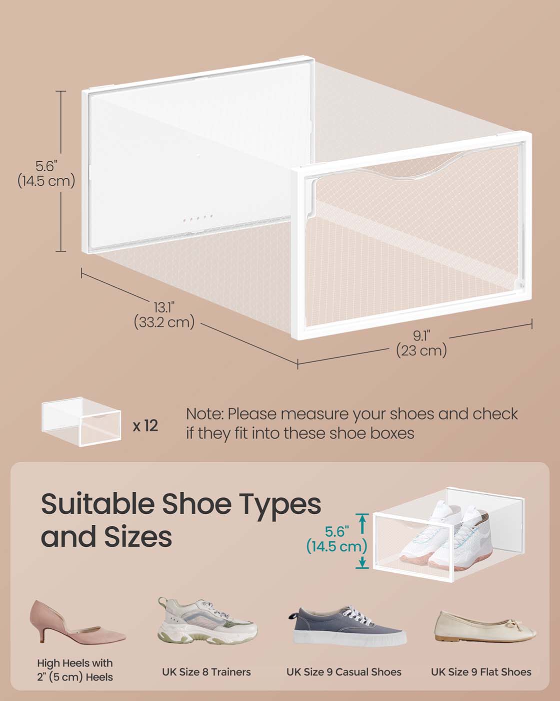 Shoe Storage Boxes – Plastic – Transparent and Cloud White – Set of 12 for Shoes up to UK Size 9