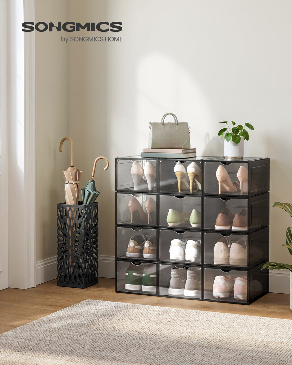Shoe Storage Organisers – Plastic – White – Stackable with Clear Doors, Set of 6