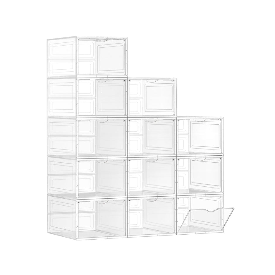 Shoe Storage Organisers – Plastic – White – Stackable with Clear Doors, Set of 6