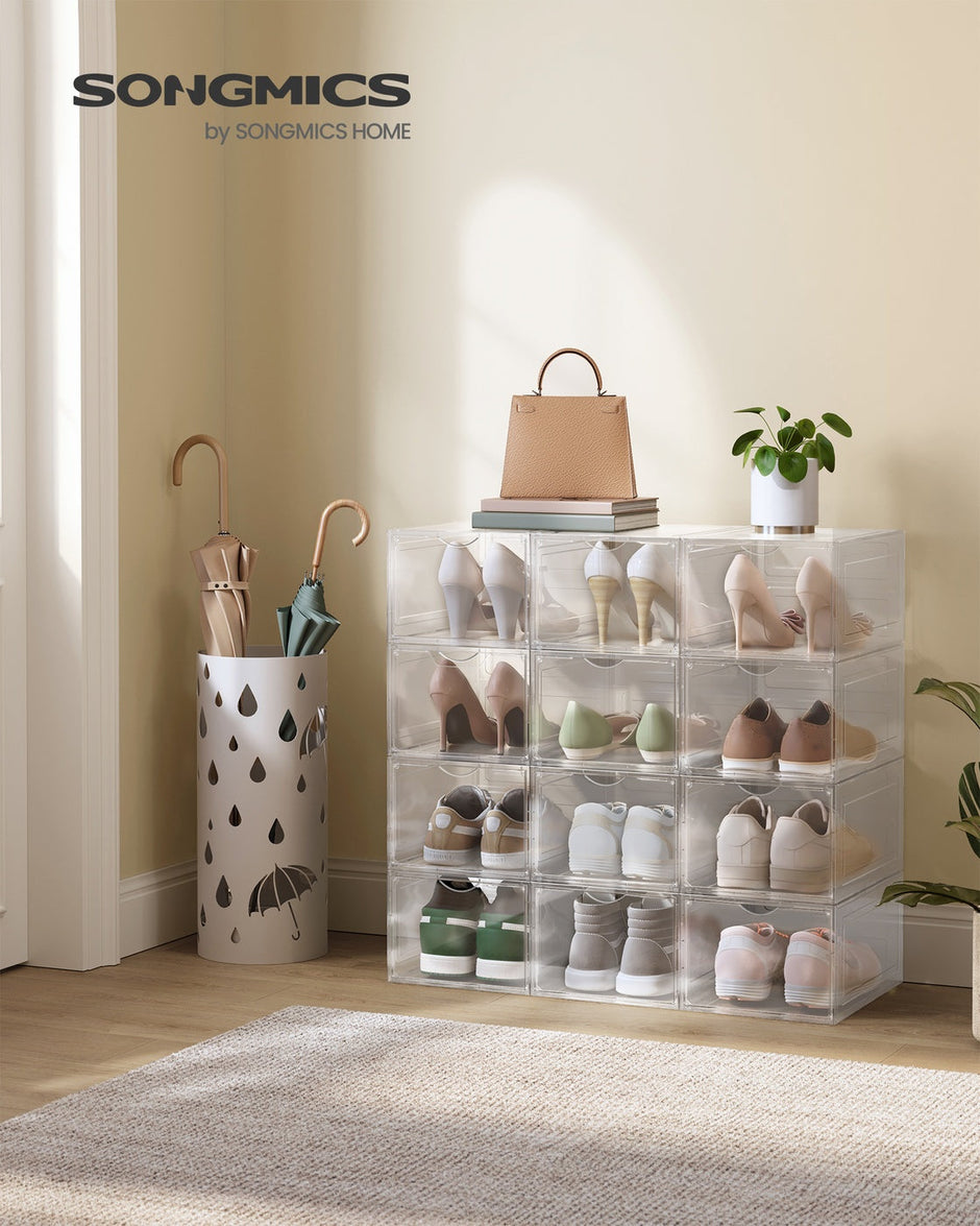 Shoe Storage Organisers – Plastic – White – Stackable with Clear Doors, Set of 6