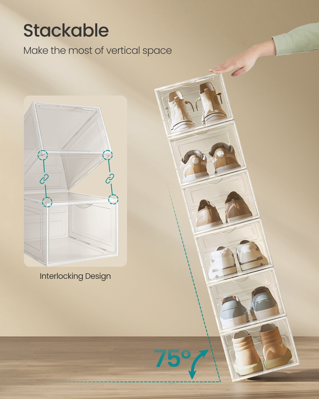 Shoe Storage Organisers – Plastic – White – Stackable with Clear Doors, Set of 6