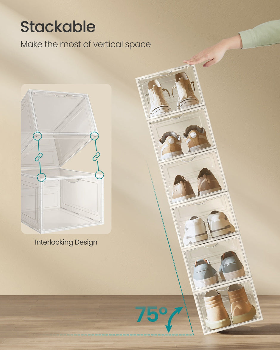 Shoe Storage Organisers – Plastic – White – Stackable with Clear Doors, Set of 6