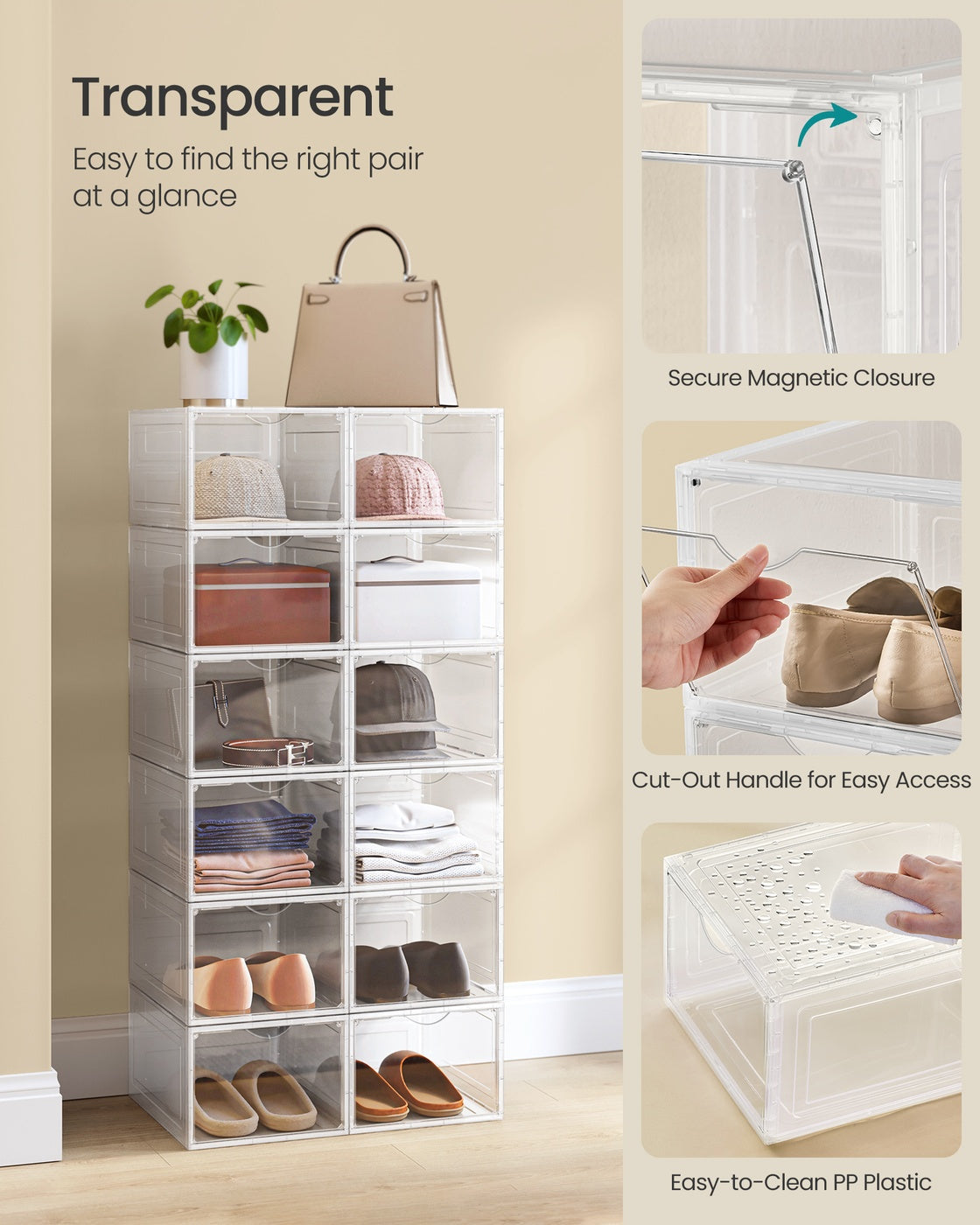 Shoe Storage Organisers – Plastic – White – Stackable with Clear Doors, Set of 6