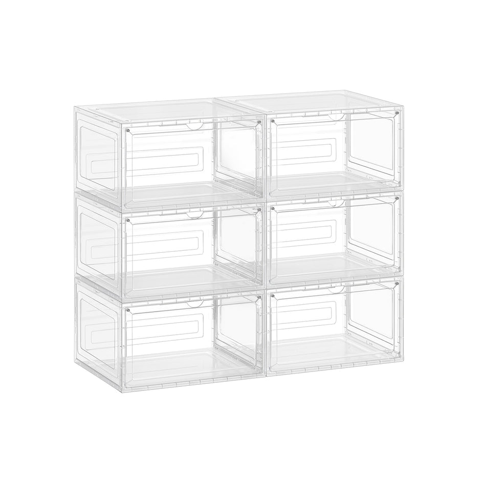 Stackable Shoe Boxes – Plastic – Transparent White – With Doors, Set of 6