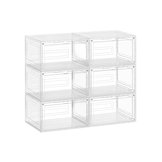 Stackable Shoe Boxes – Plastic – Transparent White – With Doors, Set of 6