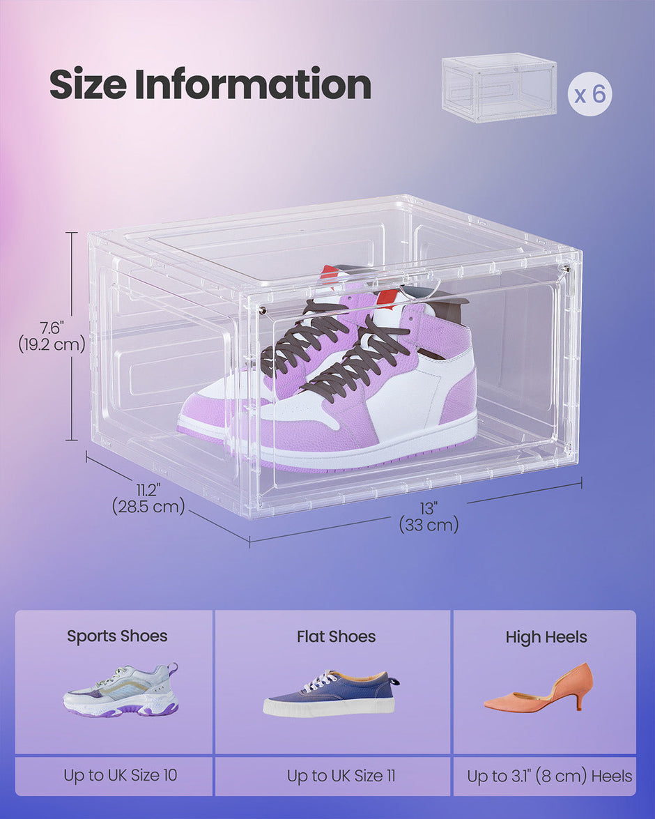 Stackable Shoe Boxes – Plastic – Transparent White – With Doors, Set of 6