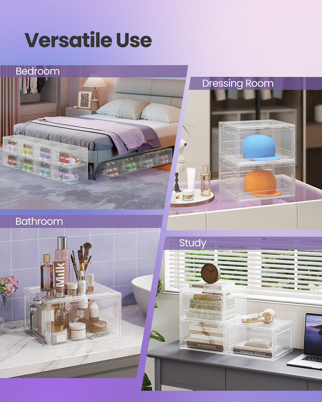 Stackable Shoe Boxes – Plastic – Transparent White – With Doors, Set of 6