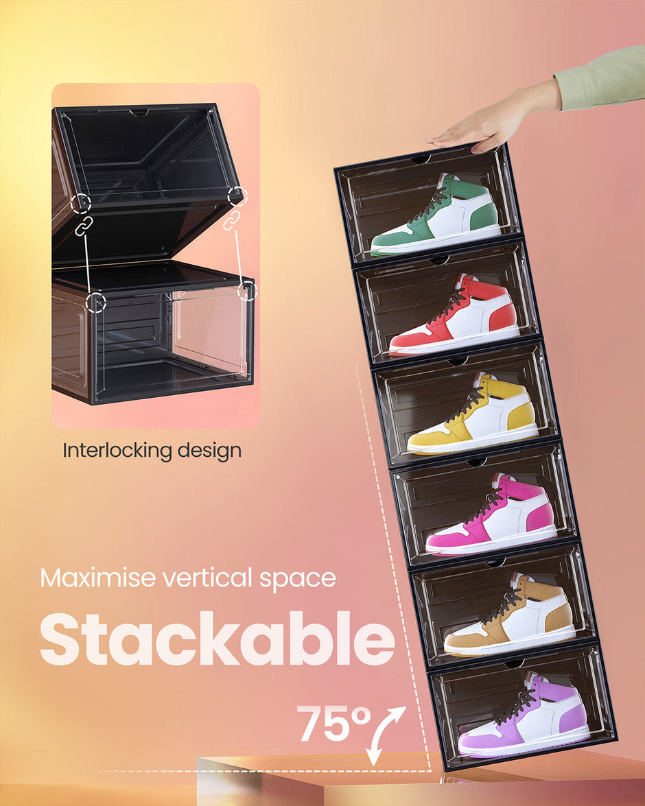 Stackable Shoe Boxes – Plastic – Transparent White – With Doors, Set of 6