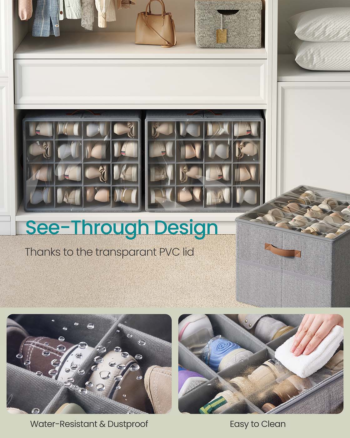 Shoe Organiser Box – Plastic – Dove Grey – Customisable with Adjustable Dividers