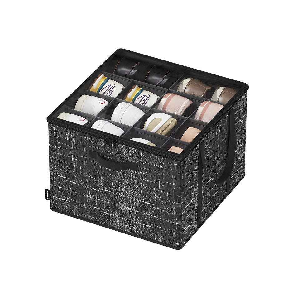 Shoe Organiser Bin – Fabric – Cattail Grey – Fits 16 Pairs with Handles and Clear Cover