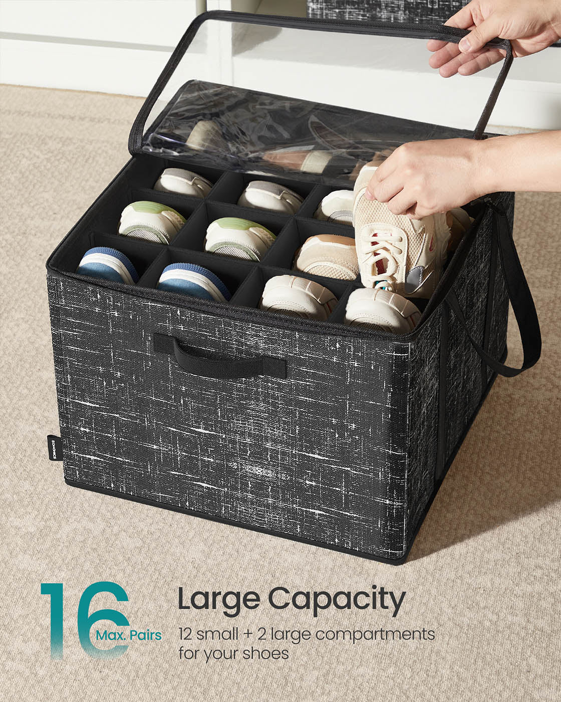 Shoe Organiser Bin – Fabric – Cattail Grey – Fits 16 Pairs with Handles and Clear Cover