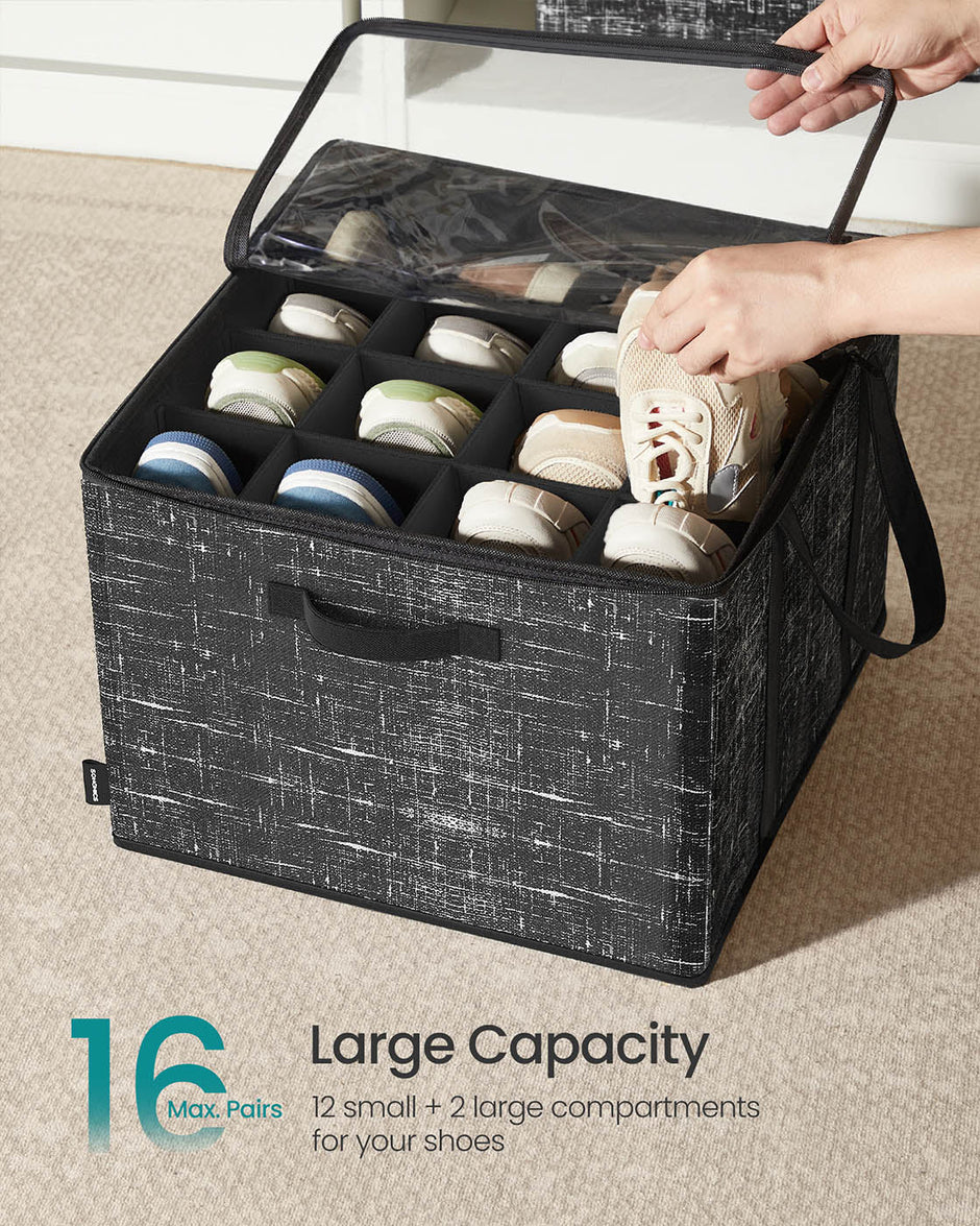 Shoe Organiser Bin – Fabric – Cattail Grey – Fits 16 Pairs with Handles and Clear Cover