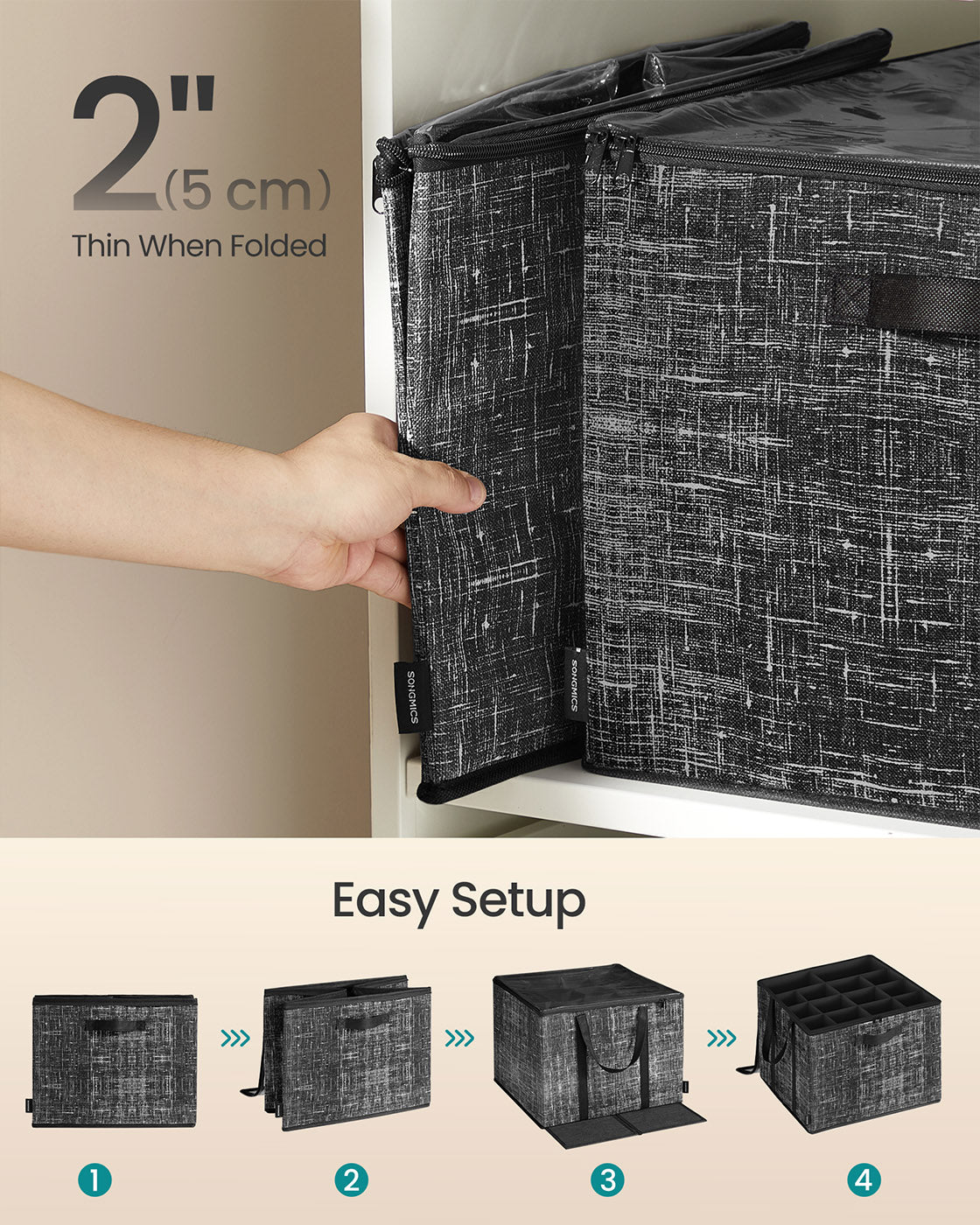 Shoe Organiser Bin – Fabric – Cattail Grey – Fits 16 Pairs with Handles and Clear Cover