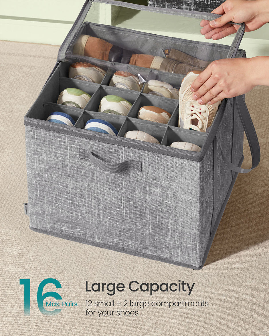 Shoe Organiser Bin – Fabric – Cattail Grey – Fits 16 Pairs with Handles and Clear Cover