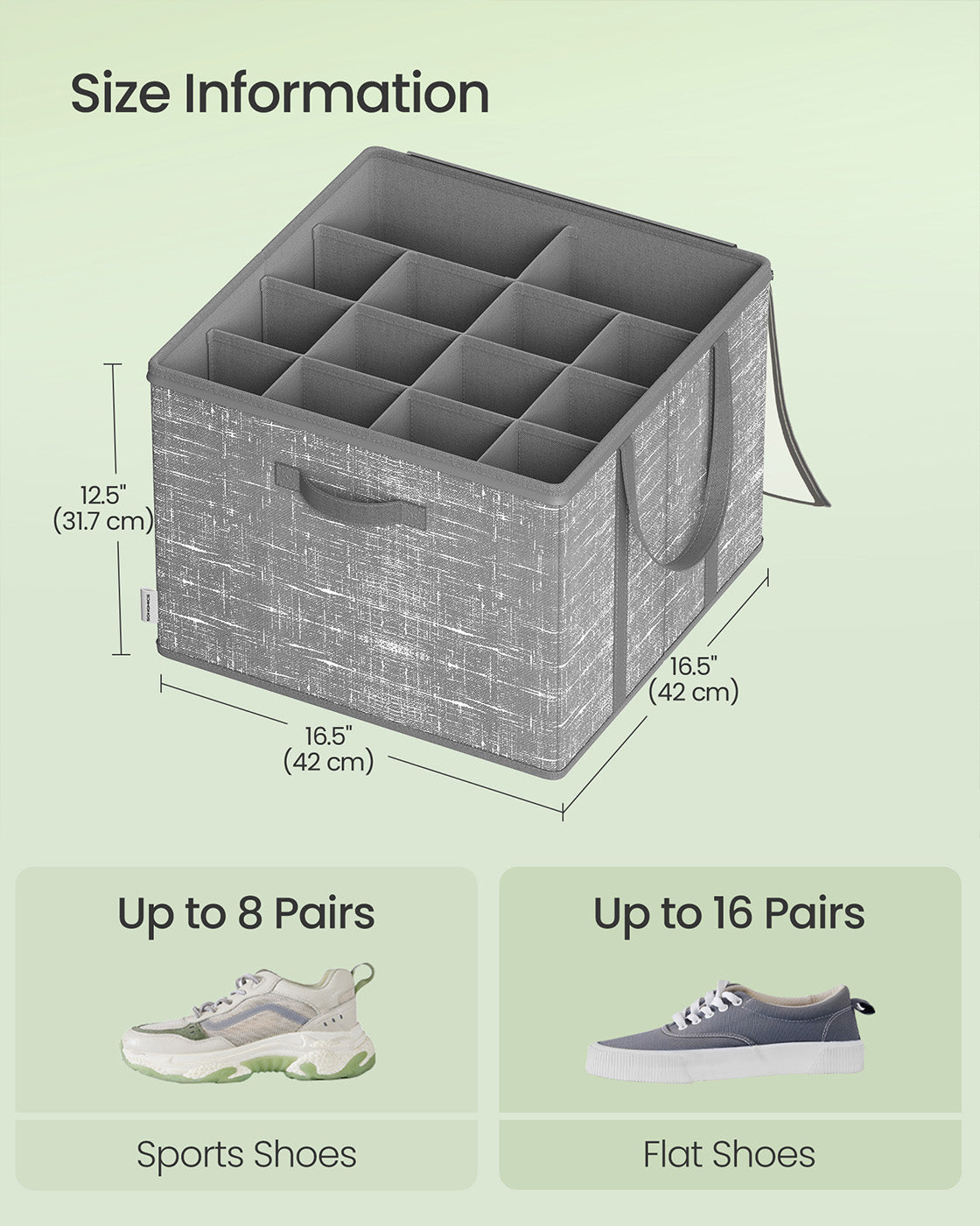 Shoe Organiser Bin – Fabric – Cattail Grey – Fits 16 Pairs with Handles and Clear Cover