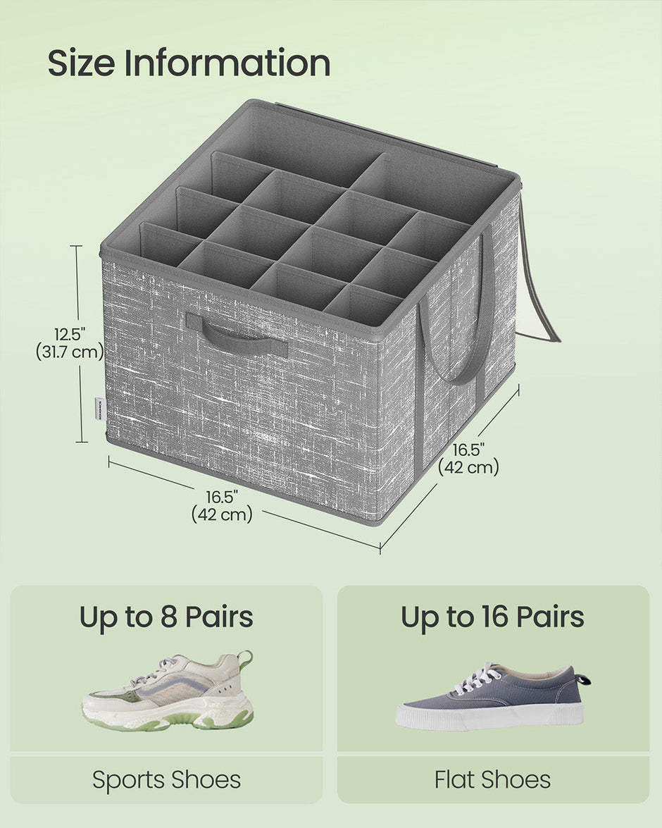 Shoe Organiser Bin – Fabric – Cattail Grey – Fits 16 Pairs with Handles and Clear Cover