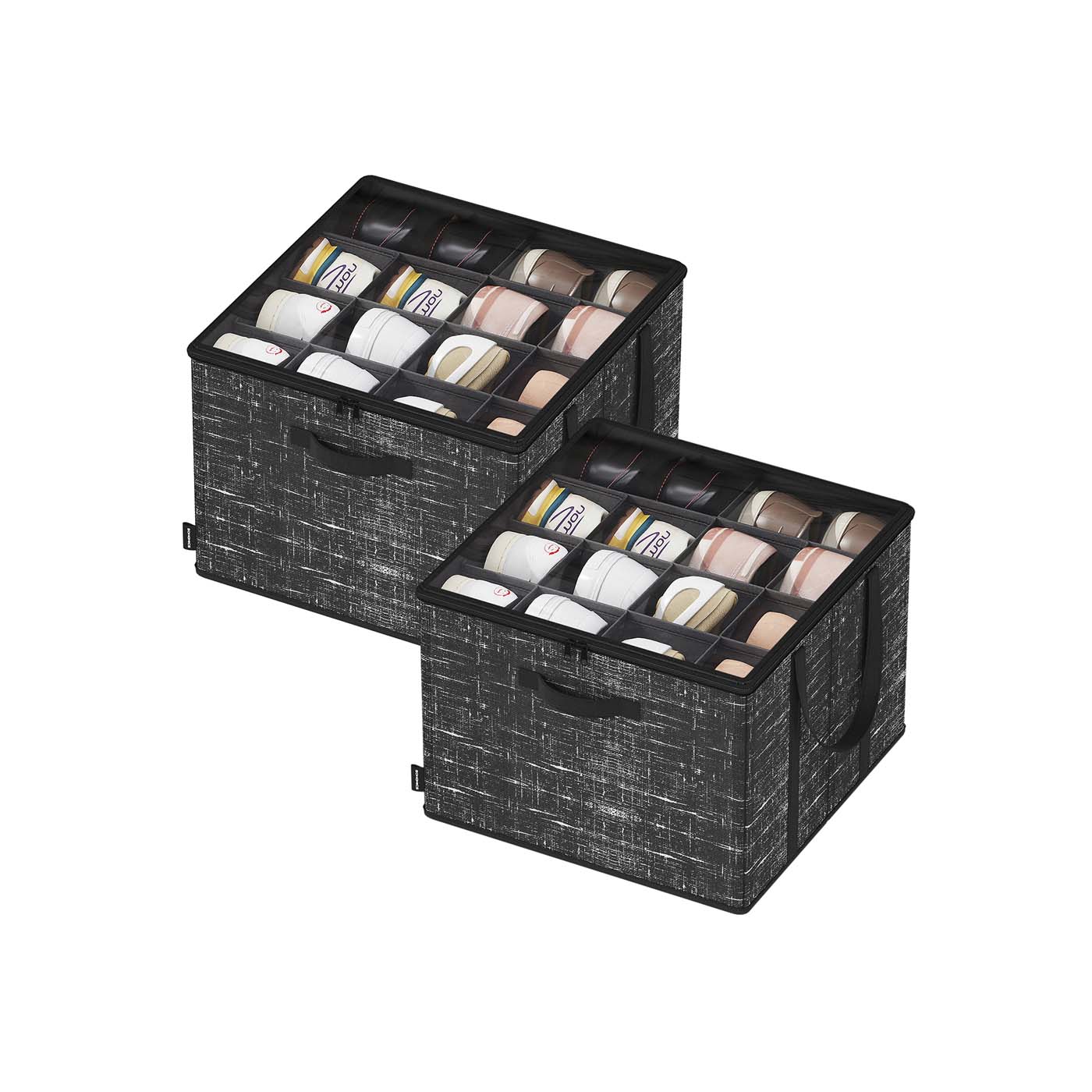 Fabric Shoe Organiser Bins – Fabric – Ink Black – Set of 2 with Handles and Clear Cover