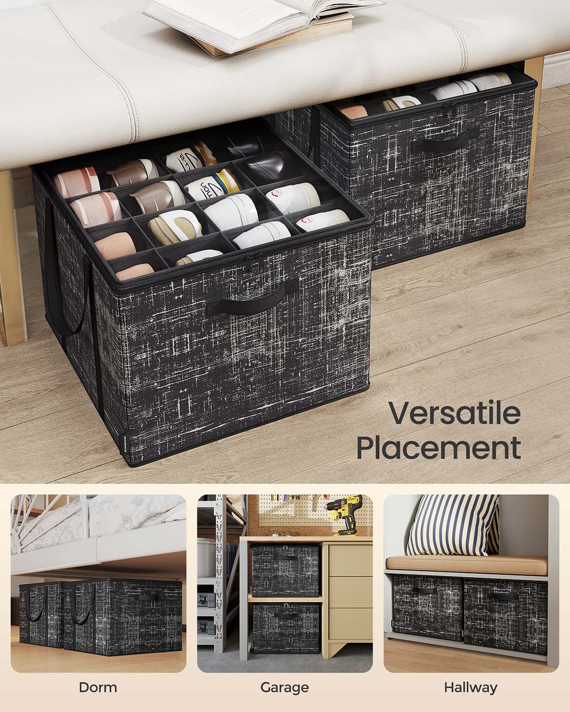 Fabric Shoe Organiser Bins – Fabric – Ink Black – Set of 2 with Handles and Clear Cover