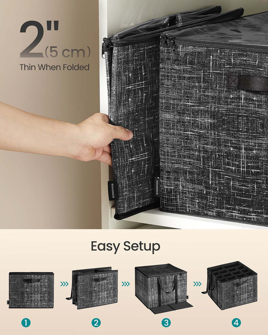 Fabric Shoe Organiser Bins – Fabric – Ink Black – Set of 2 with Handles and Clear Cover