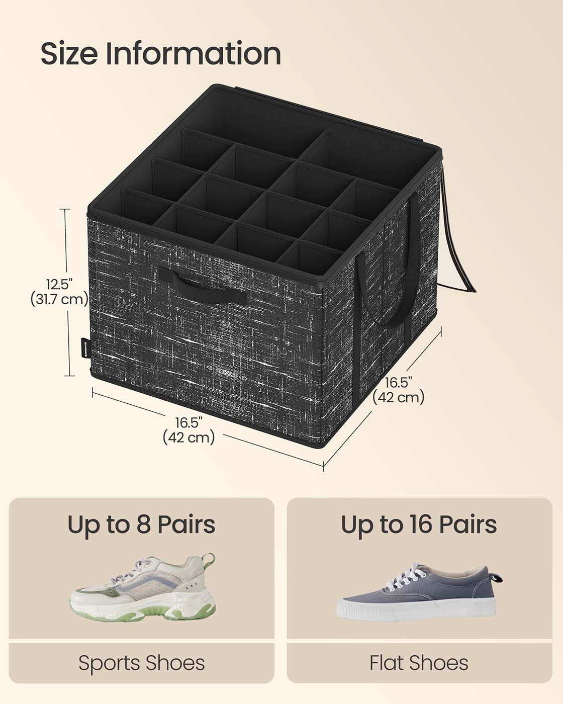 Fabric Shoe Organiser Bins – Fabric – Ink Black – Set of 2 with Handles and Clear Cover