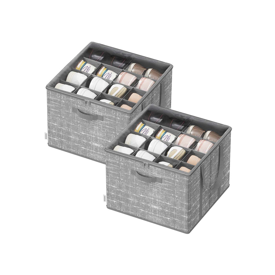 Fabric Shoe Organiser Bins – Fabric – Ink Black – Set of 2 with Handles and Clear Cover