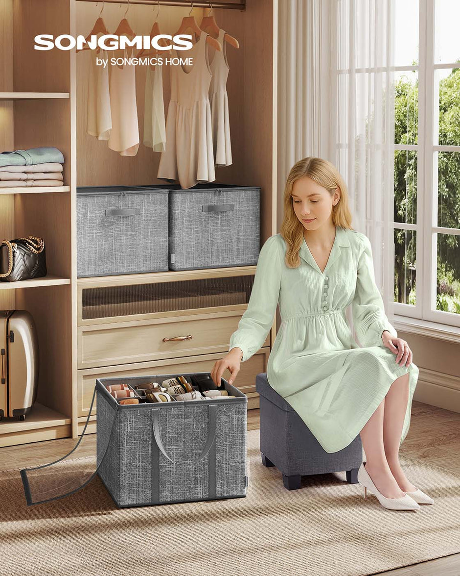 Set of Fabric Shoe Organiser Bins – Fabric – Cattail Grey – Clear Cover and Handles, Fits 16 Pairs Each