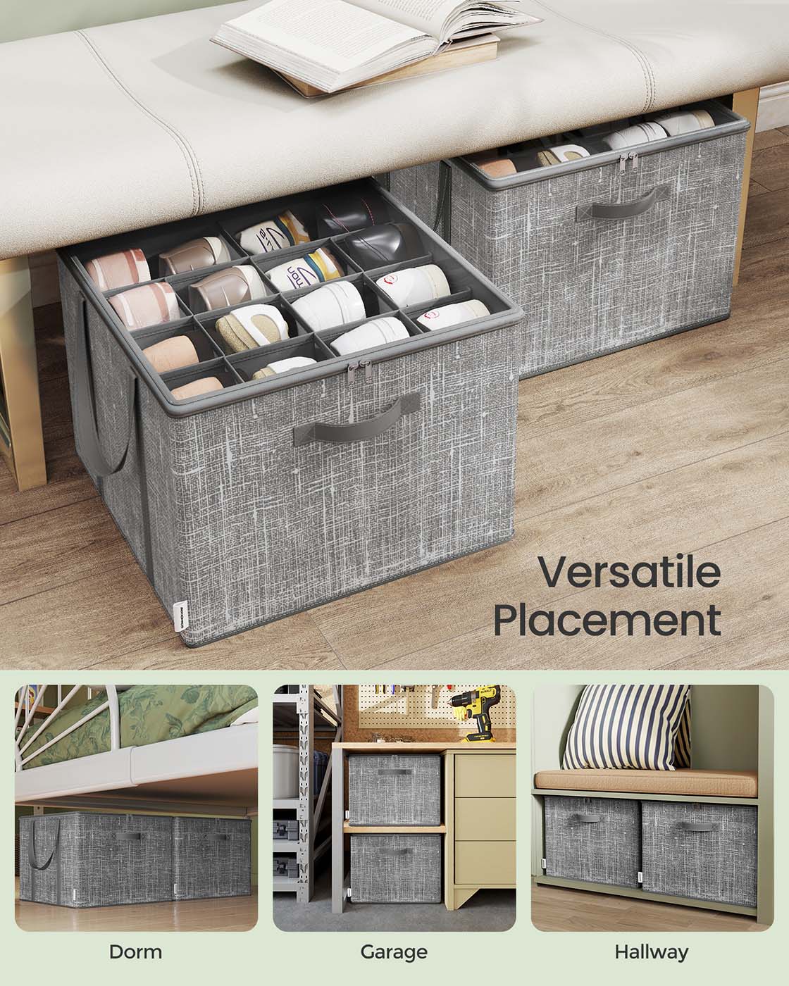 Set of Fabric Shoe Organiser Bins – Fabric – Cattail Grey – Clear Cover and Handles, Fits 16 Pairs Each