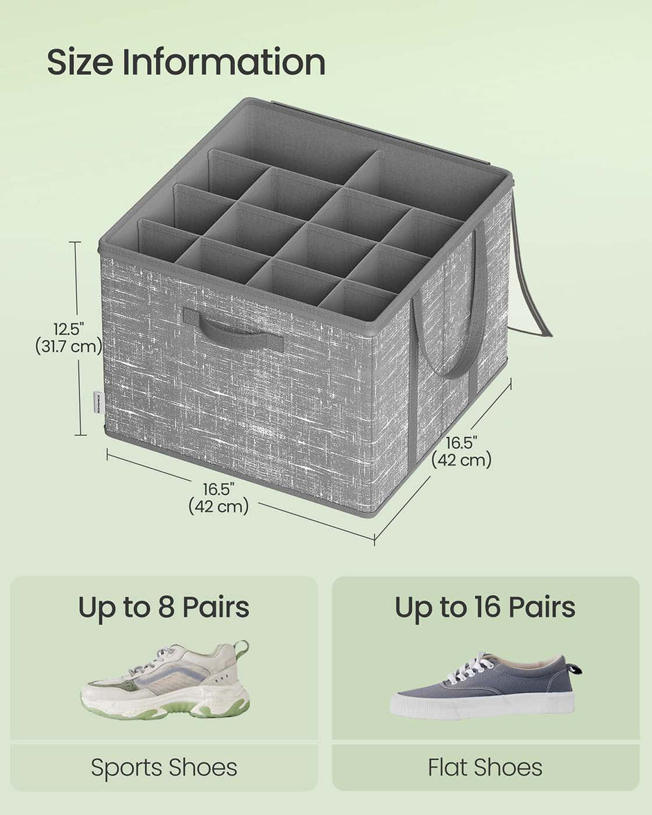 Set of Fabric Shoe Organiser Bins – Fabric – Cattail Grey – Clear Cover and Handles, Fits 16 Pairs Each