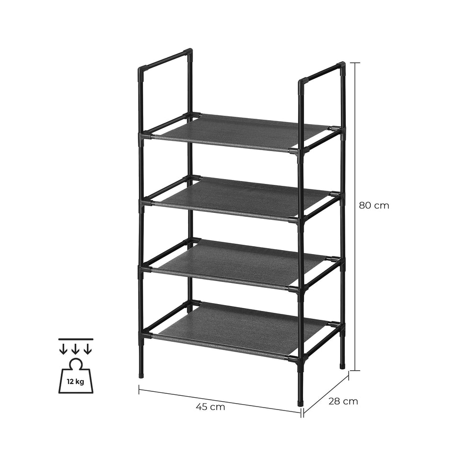 4-Tier Shoe Rack – Metal Frame and Non-Woven Fabric – Black – Compact Design for Hallway, Bedroom, or Living Room