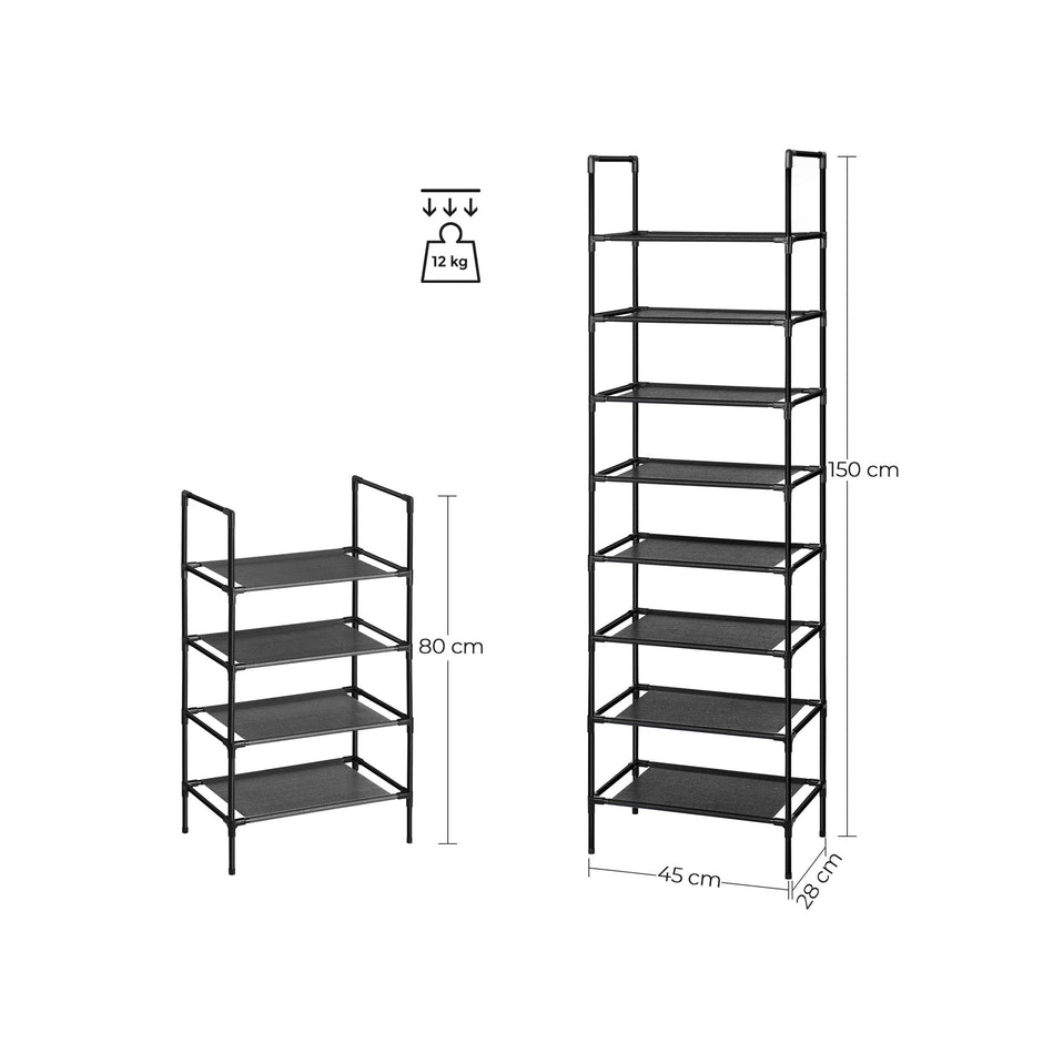 Set of 2 Shoe Storage Racks – Metal Frame with Non-Woven Fabric – Black – 4 Tiers