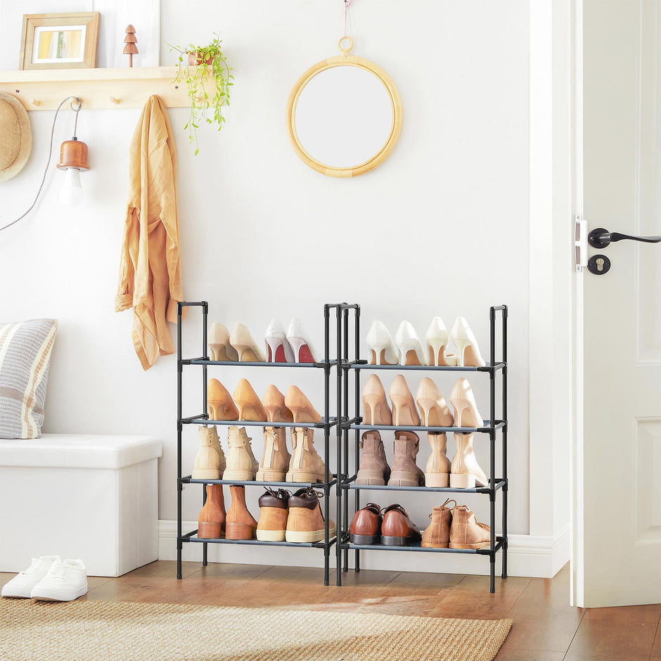 Set of 2 Shoe Storage Racks – Metal Frame and Non-Woven Fabric – Grey – 4-Tier Design