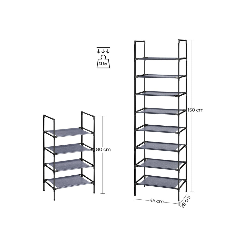 Set of 2 Shoe Storage Racks – Metal Frame and Non-Woven Fabric – Grey – 4-Tier Design