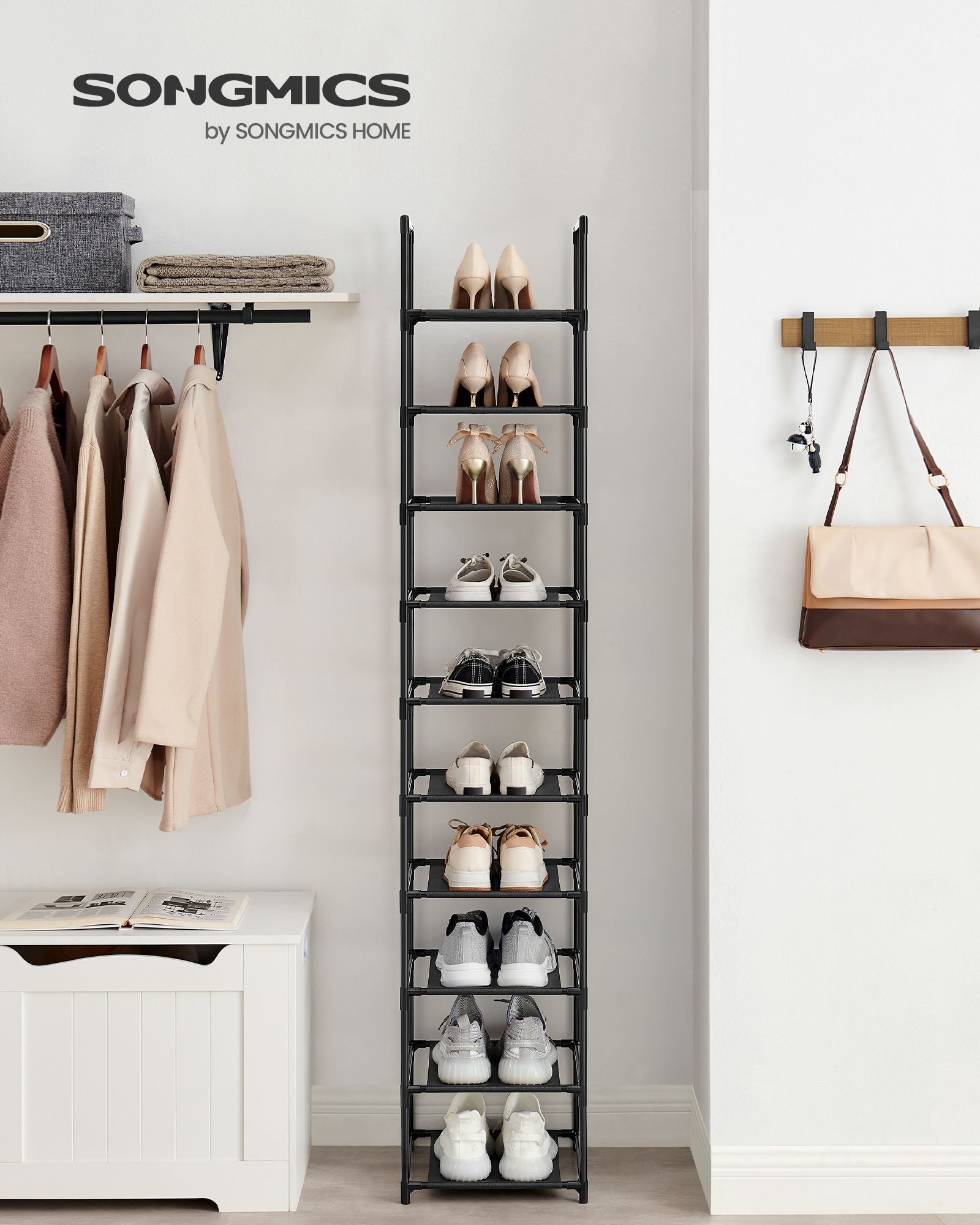 10-Tier Shoe Rack – Metal Frame with Non-Woven Fabric Shelves – Black – Versatile Storage Organizer for Hallway, Bedroom, and Living Room