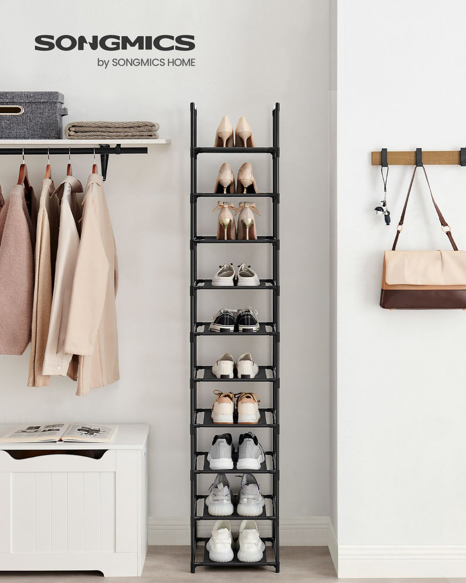 10-Tier Shoe Rack – Metal Frame with Non-Woven Fabric Shelves – Black – Versatile Storage Organizer for Hallway, Bedroom, and Living Room