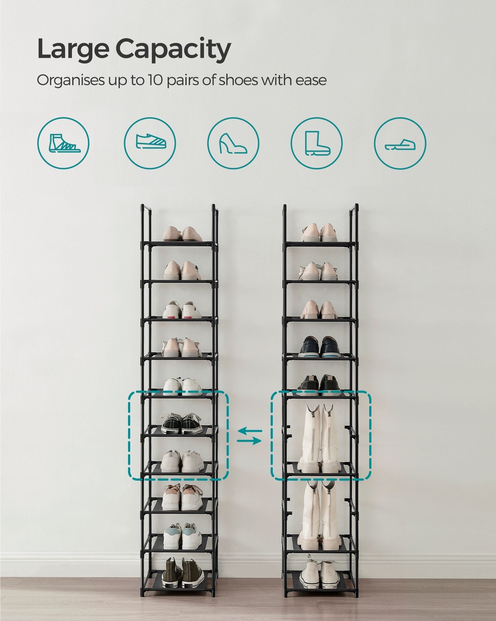 10-Tier Shoe Rack – Metal Frame with Non-Woven Fabric Shelves – Black – Versatile Storage Organizer for Hallway, Bedroom, and Living Room
