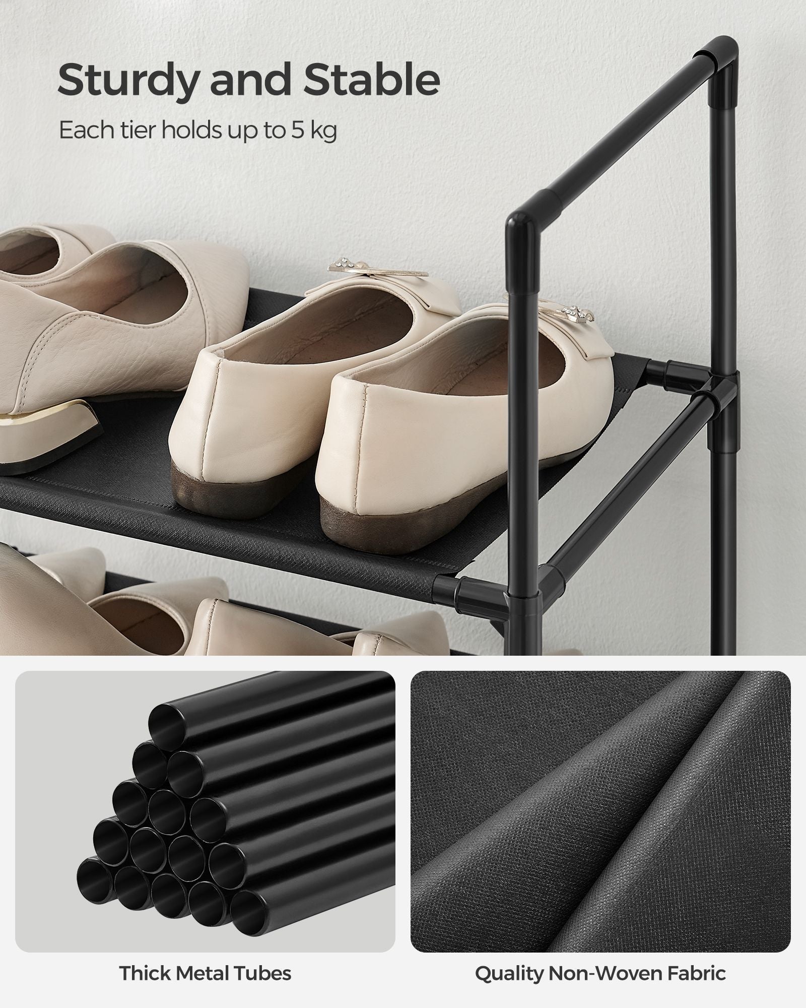 10-Tier Shoe Rack – Metal Frame with Non-Woven Fabric Shelves – Black – Versatile Storage Organizer for Hallway, Bedroom, and Living Room