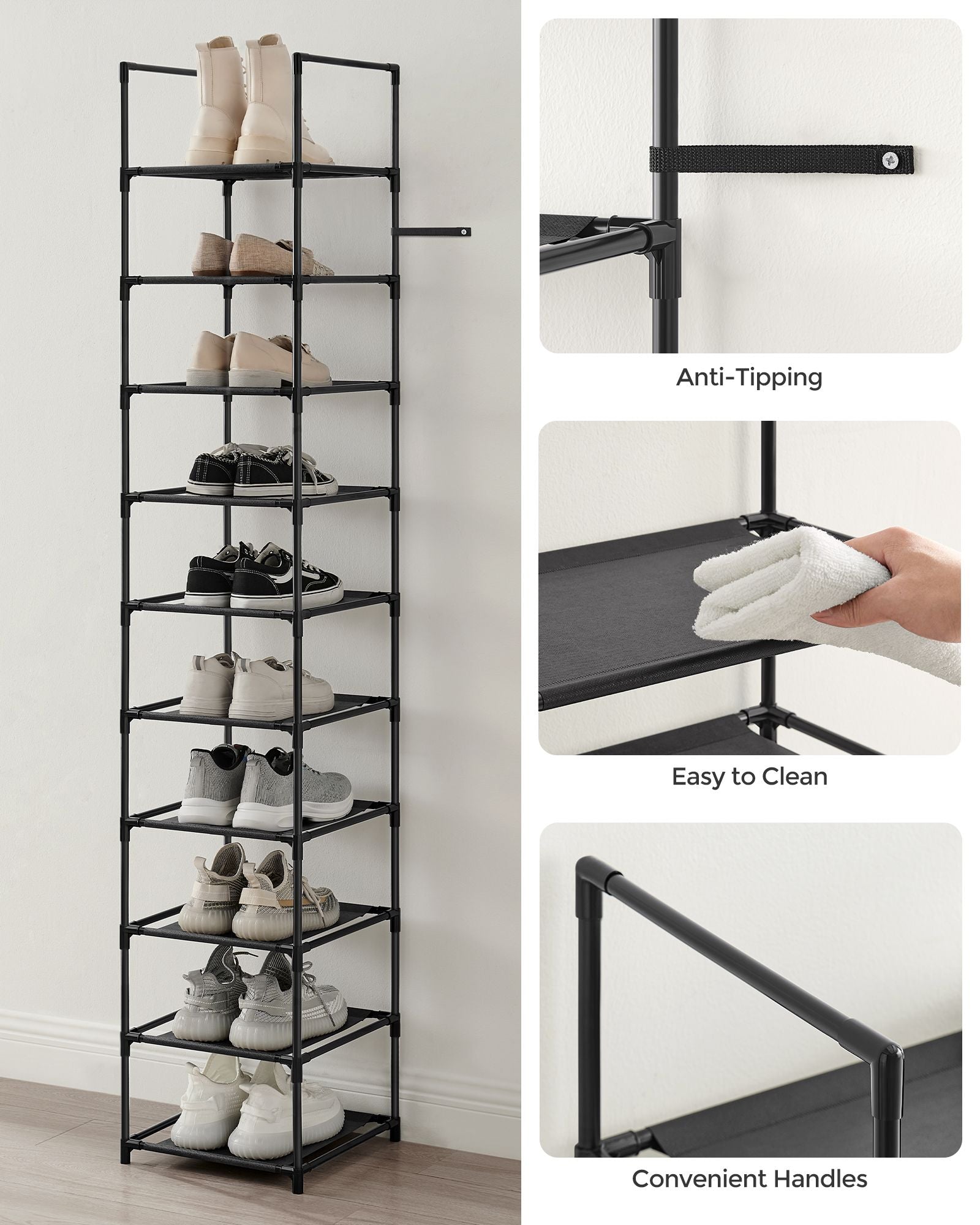 10-Tier Shoe Rack – Metal Frame with Non-Woven Fabric Shelves – Black – Versatile Storage Organizer for Hallway, Bedroom, and Living Room