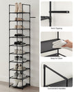 10-Tier Shoe Rack – Metal Frame with Non-Woven Fabric Shelves – Black – Versatile Storage Organizer for Hallway, Bedroom, and Living Room