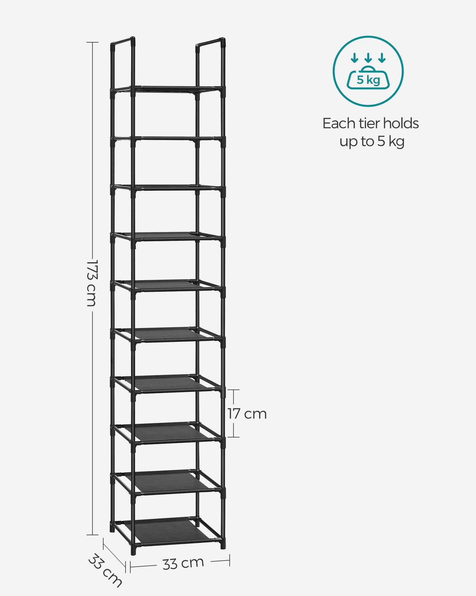 10-Tier Shoe Rack – Metal Frame with Non-Woven Fabric Shelves – Black – Versatile Storage Organizer for Hallway, Bedroom, and Living Room
