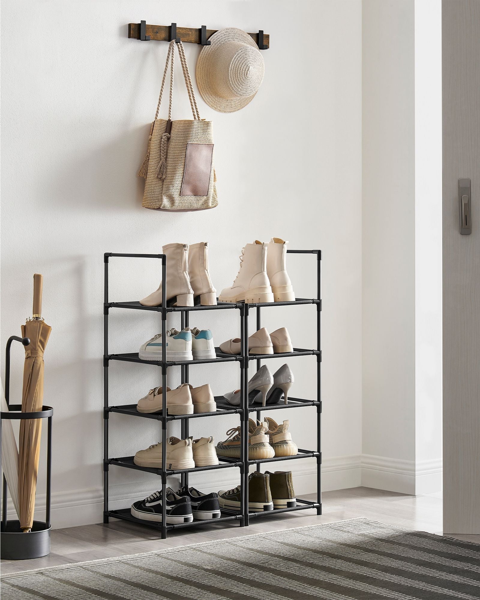 10-Tier Shoe Rack – Metal Frame with Non-Woven Fabric Shelves – Black – Versatile Storage Organizer for Hallway, Bedroom, and Living Room