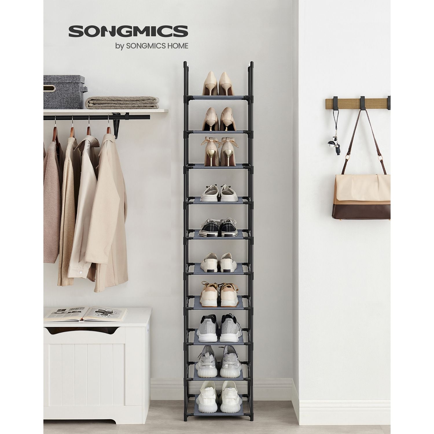 10-Tier Shoe Rack – Metal Frame and Non-Woven Fabric – Black – Versatile Storage Solution for Hallway, Bedroom, or Living Room