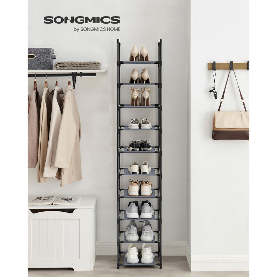 10-Tier Shoe Rack – Metal Frame and Non-Woven Fabric – Black – Versatile Storage Solution for Hallway, Bedroom, or Living Room