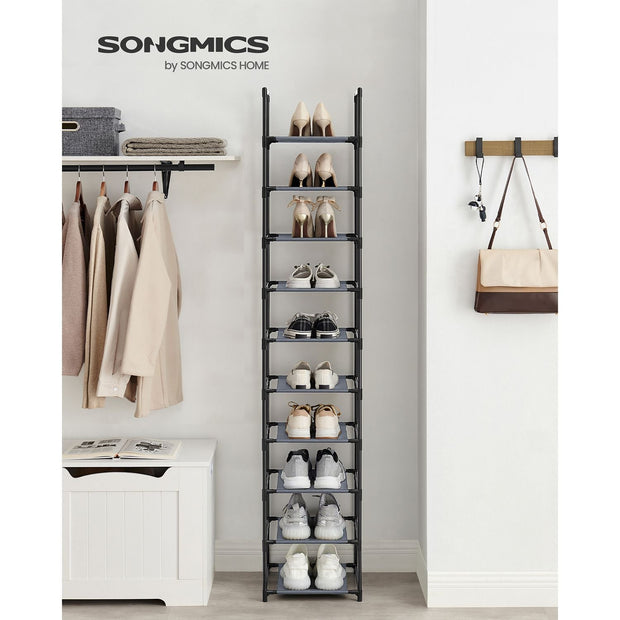 10-Tier Shoe Rack – Metal Frame and Non-Woven Fabric – Black – Versatile Storage Solution for Hallway, Bedroom, or Living Room