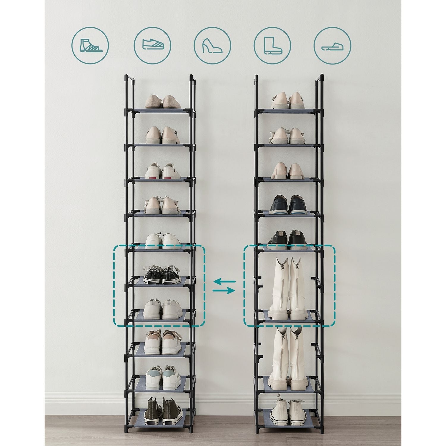 10-Tier Shoe Rack – Metal Frame and Non-Woven Fabric – Black – Versatile Storage Solution for Hallway, Bedroom, or Living Room