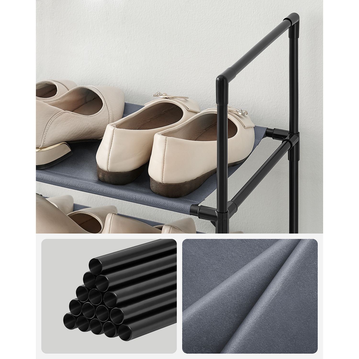 10-Tier Shoe Rack – Metal Frame and Non-Woven Fabric – Black – Versatile Storage Solution for Hallway, Bedroom, or Living Room