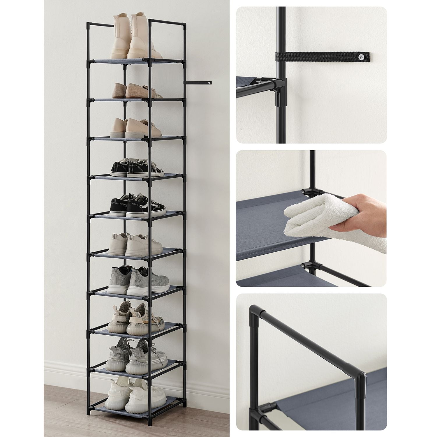10-Tier Shoe Rack – Metal Frame and Non-Woven Fabric – Black – Versatile Storage Solution for Hallway, Bedroom, or Living Room