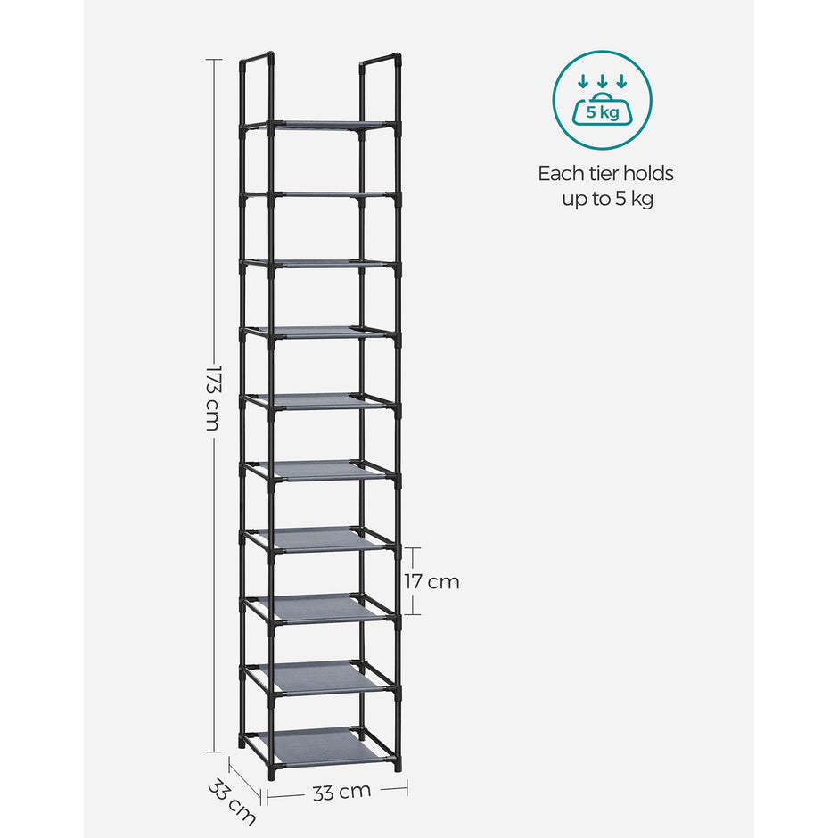 10-Tier Shoe Rack – Metal Frame and Non-Woven Fabric – Black – Versatile Storage Solution for Hallway, Bedroom, or Living Room