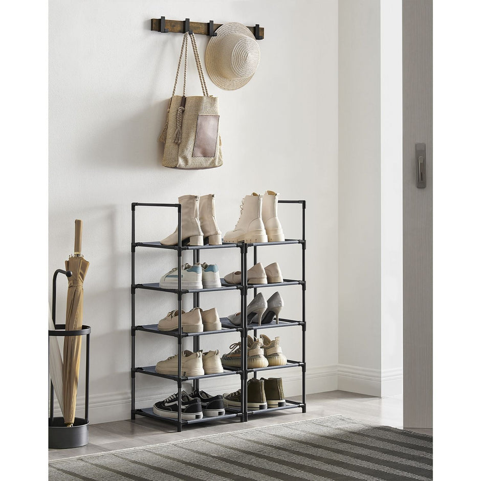 10-Tier Shoe Rack – Metal Frame and Non-Woven Fabric – Black – Versatile Storage Solution for Hallway, Bedroom, or Living Room