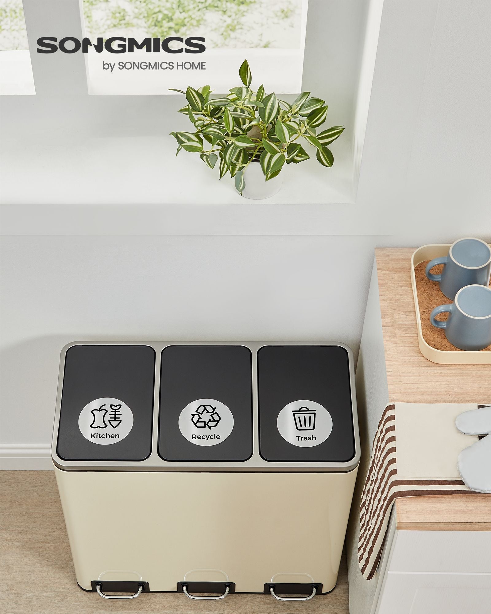 Recycling Bin Stickers – Adhesive – Silver – Set of 6 Labels for Recycle, Trash, Kitchen, Plastic, Glass, and Paper