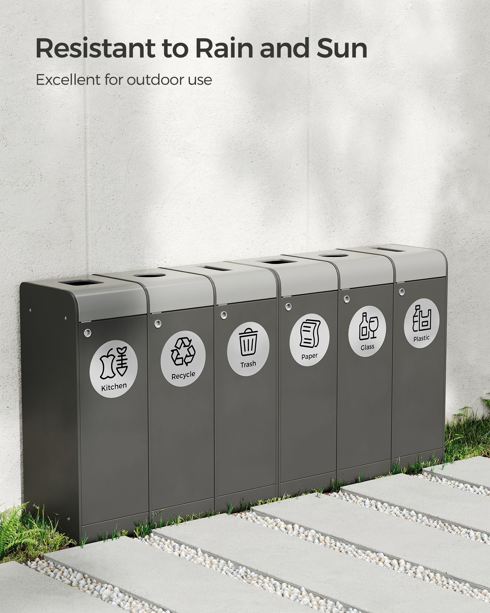 Recycling Bin Stickers – Adhesive – Silver – Set of 6 Labels for Recycle, Trash, Kitchen, Plastic, Glass, and Paper